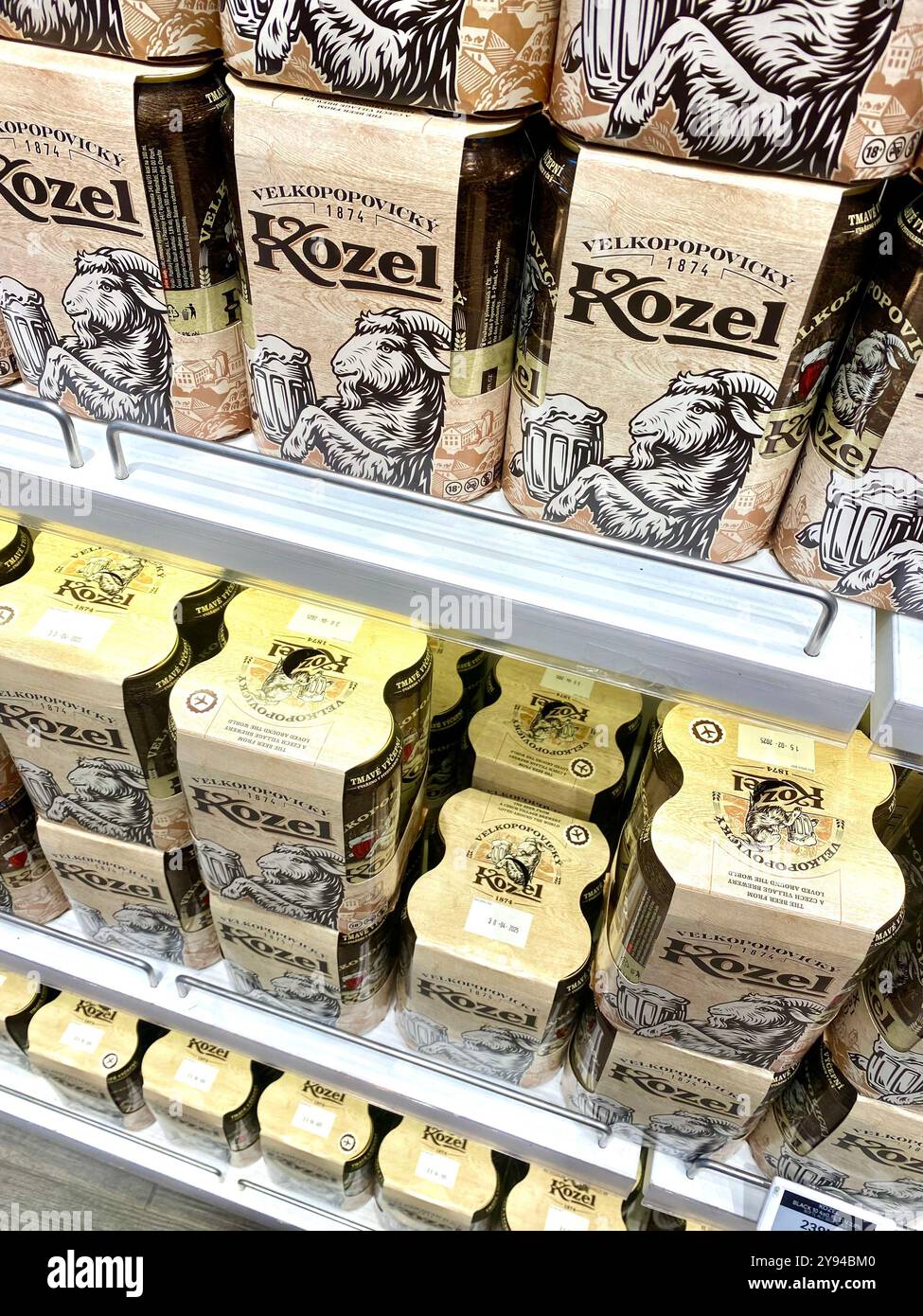 Czech beer, cans of Kozel beer lager for sale at Prague international airport, Czech Republic,Europe,2024 - Smartphone Captured Stock Image