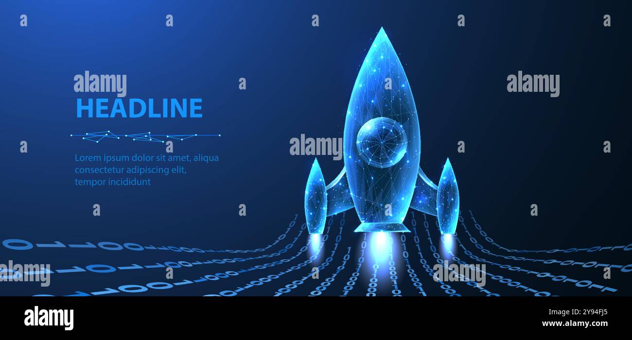 Startup. Digital rocket start. Isolated on blue. Fast web development Stock Vector