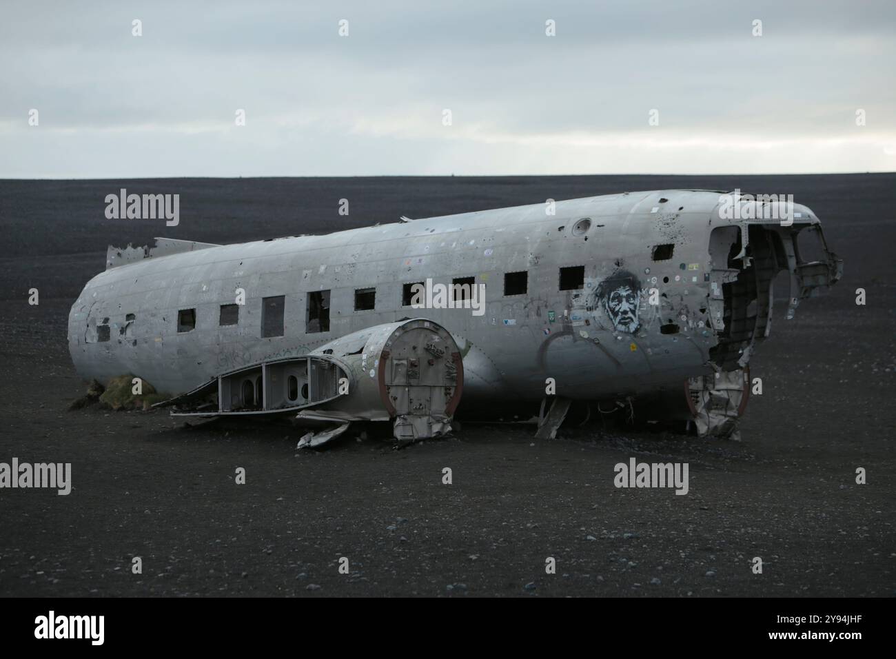 Landscape picture on Iceland, Wrecked DC-3 Plane on Sólheimasandur Stock Photo