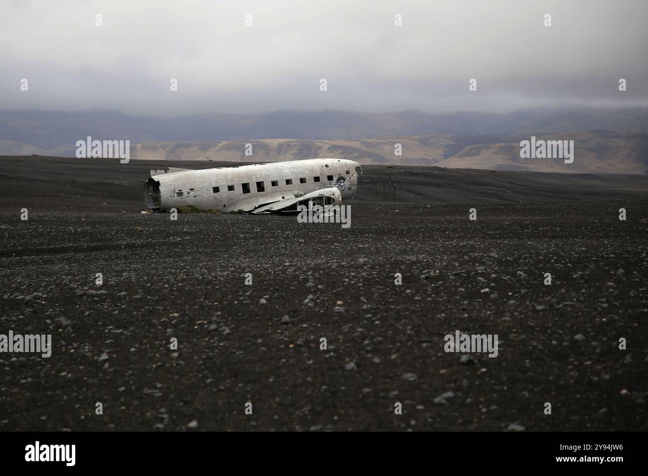 Landscape picture on Iceland, Wrecked DC-3 Plane on Sólheimasandur Stock Photo