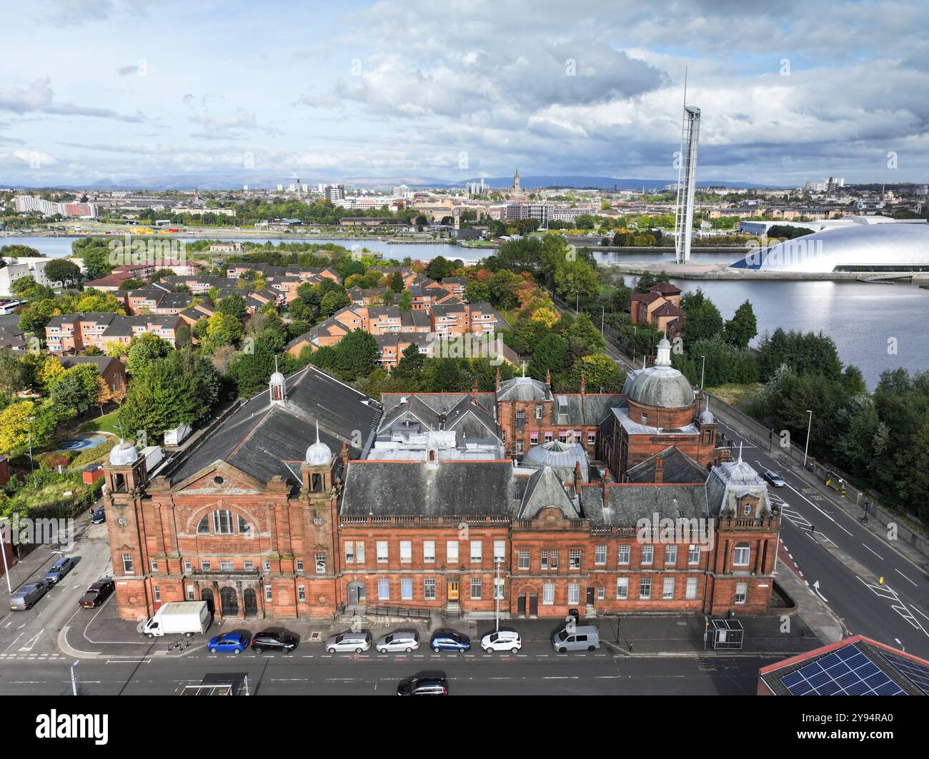 Aerial drone view of Film City Glasgow in former Govan Town Hall Stock Photo