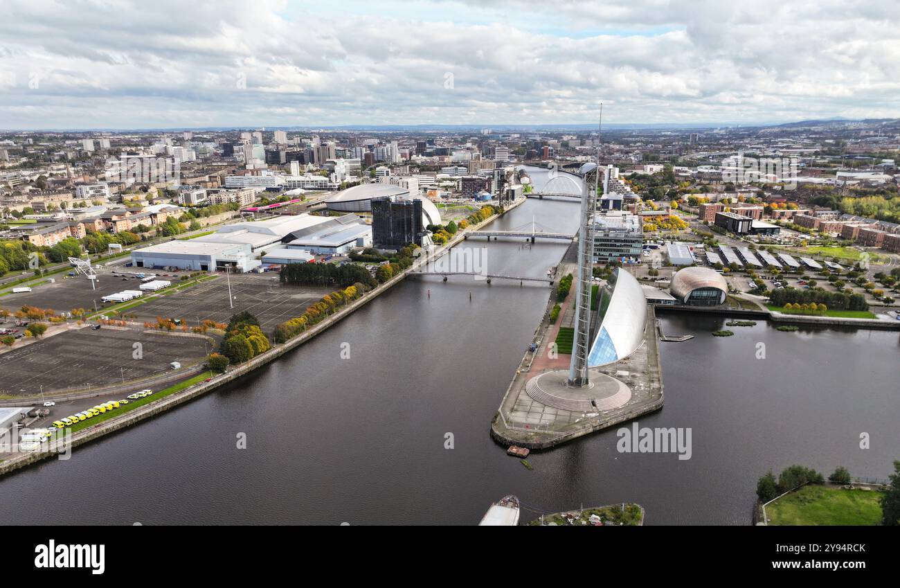 Aerial drone view of Glasgow Science Centre and SECC campus Glasgow Stock Photo
