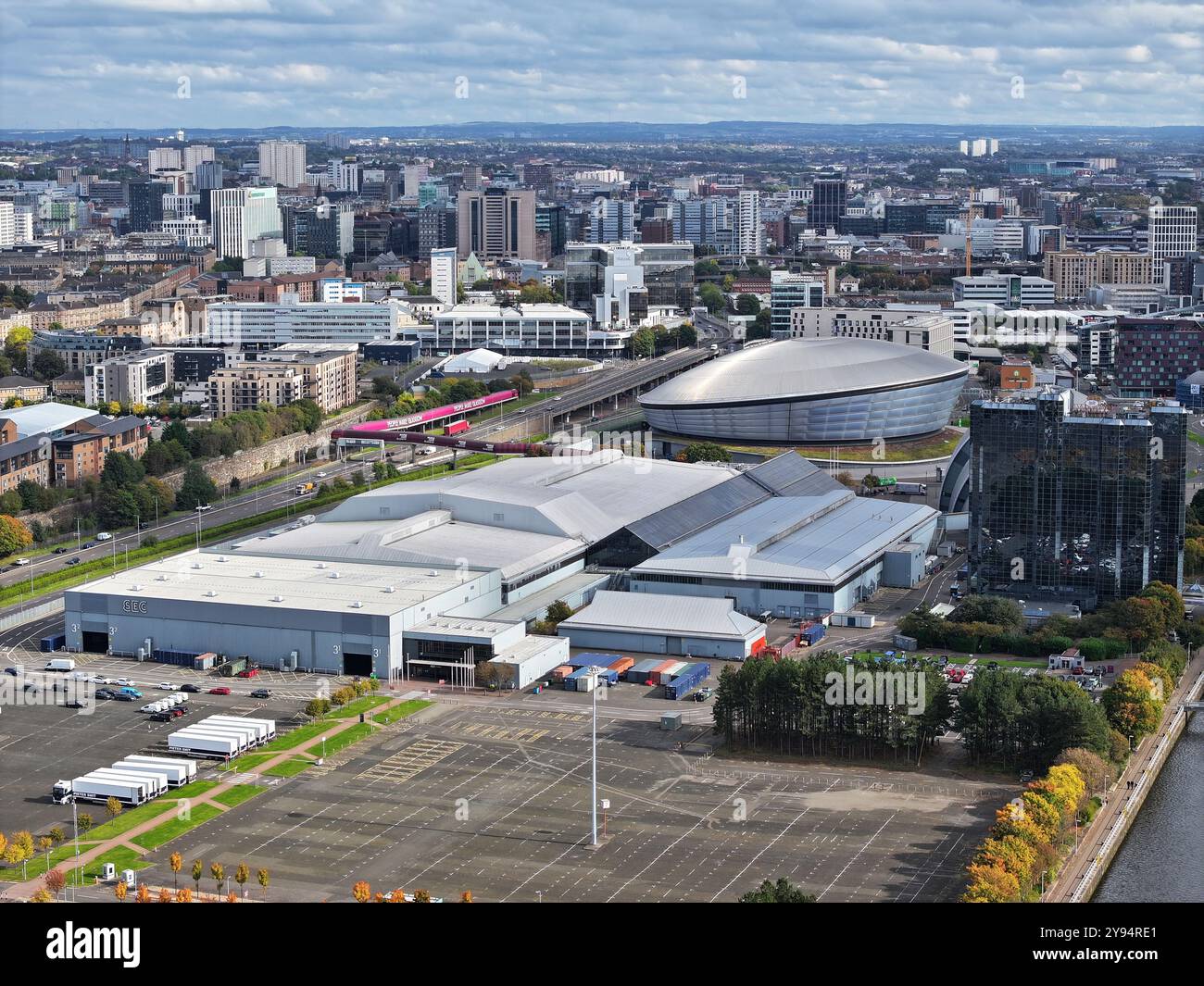 Aerial drone view of SECC complex Glasgow Stock Photo