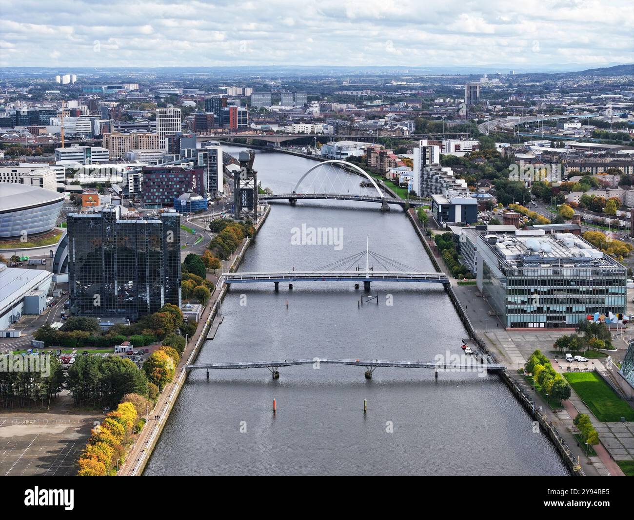 Aerial drone view of River Clyde towards city centre Stock Photo