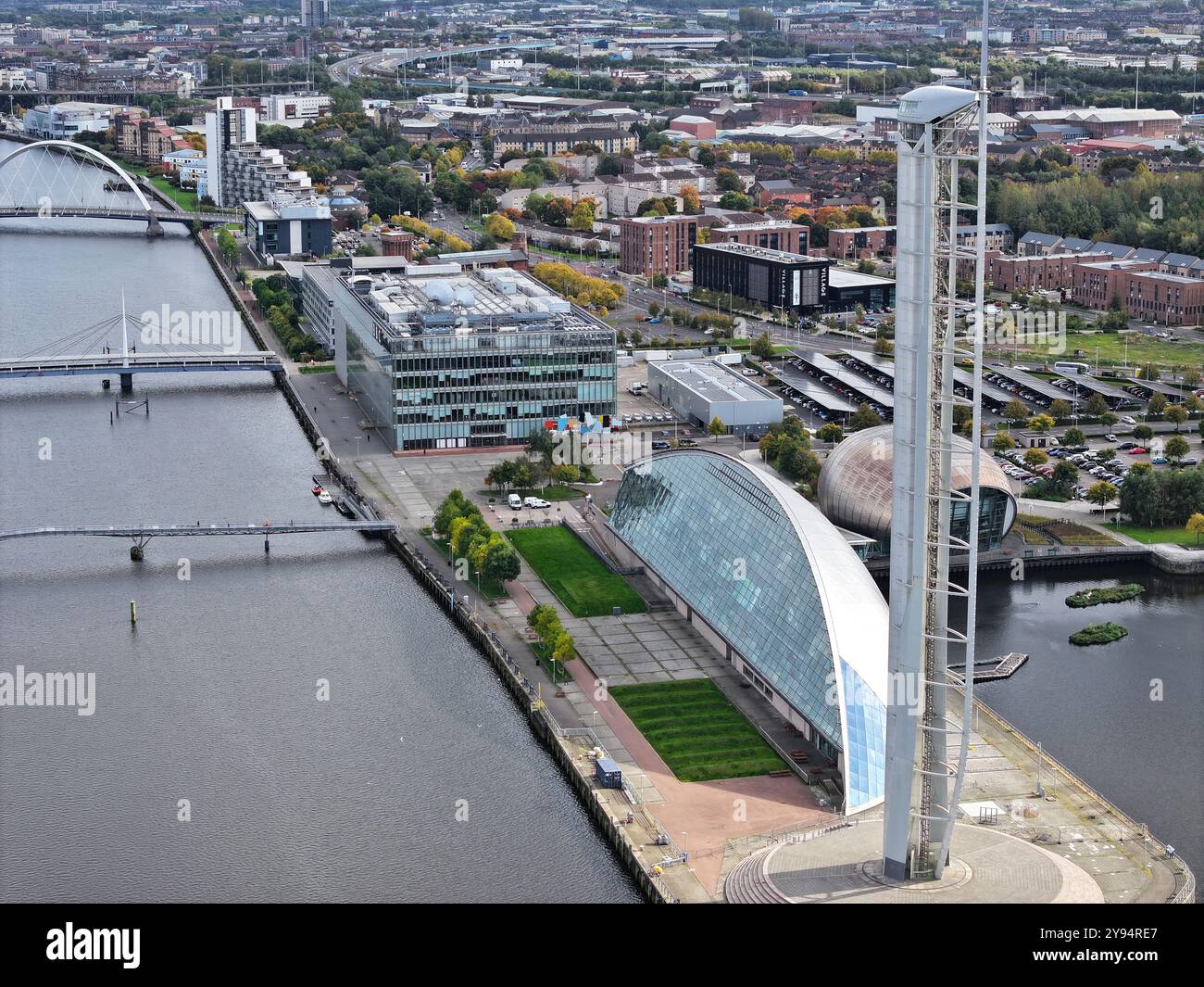 Aerial drone view of Glasgow Science Centre and tower with BBC building Stock Photo