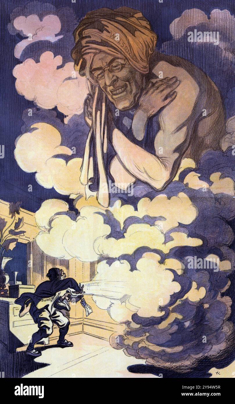 Aladdin. A cartoon from Puck magazine showing Aladdin and the Wonderful Lamp by Udo J Keppler, 1913 Stock Photo