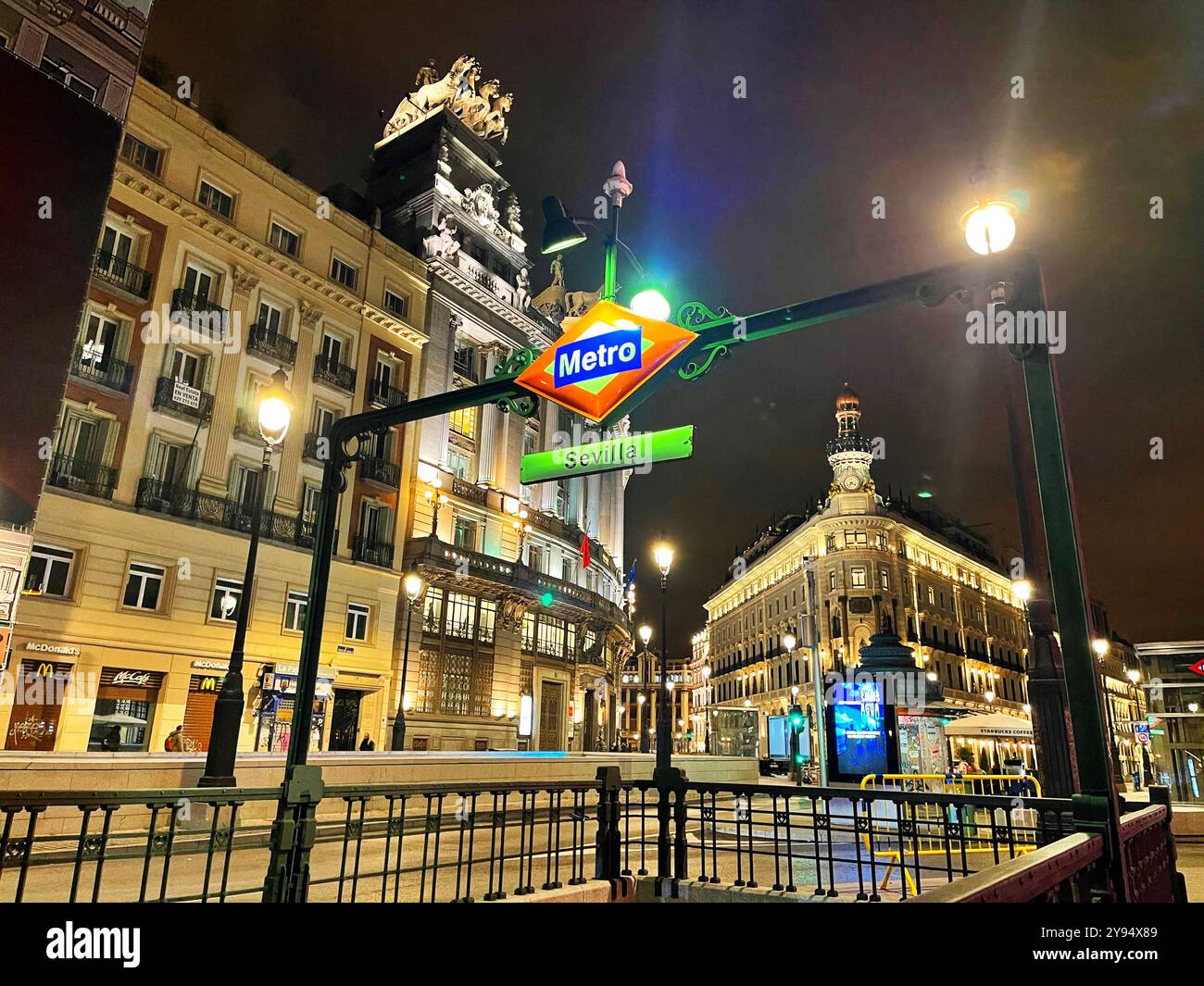 Metro Sevilla station, night view. Alcala street, Madrid, Spain. - Smartphone Captured Stock Image