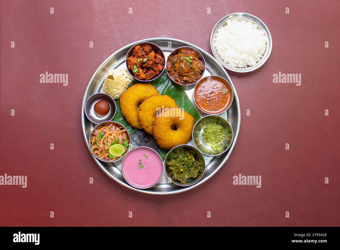 South Indian Non-Veg Thali With curry and rice Stock Photo