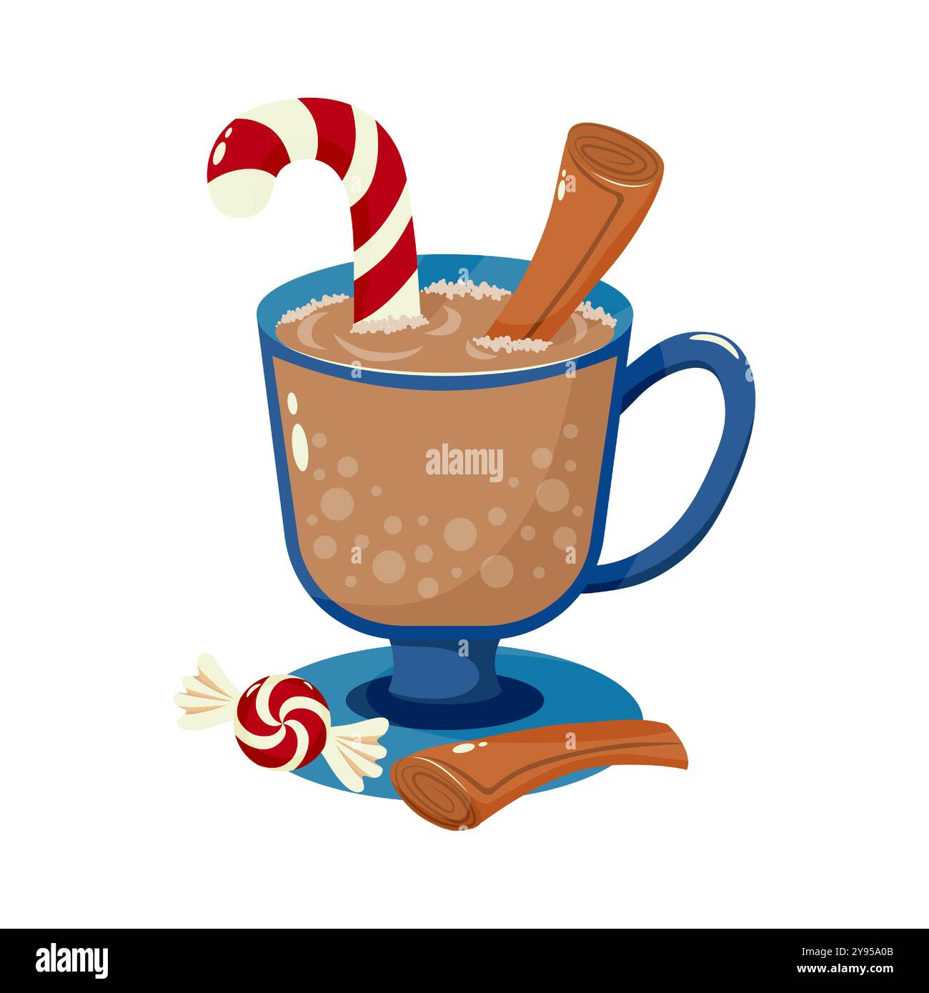 Hot chocolate in a blue mug with cinnamon sticks and a peppermint candy cane. Festive winter drink illustration perfect for seasonal design. Stock Vector