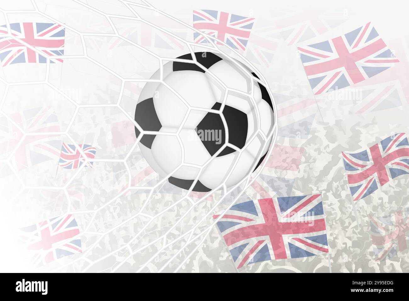 National Football team of United Kingdom scored goal. Ball in goal net, while football supporters are waving the United Kingdom flag in the background Stock Vector