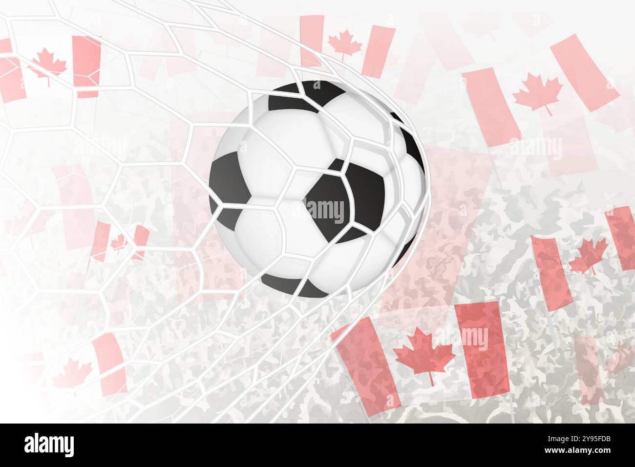 National Football team of Canada scored goal. Ball in goal net, while football supporters are waving the Canada flag in the background. Vector illustr Stock Vector