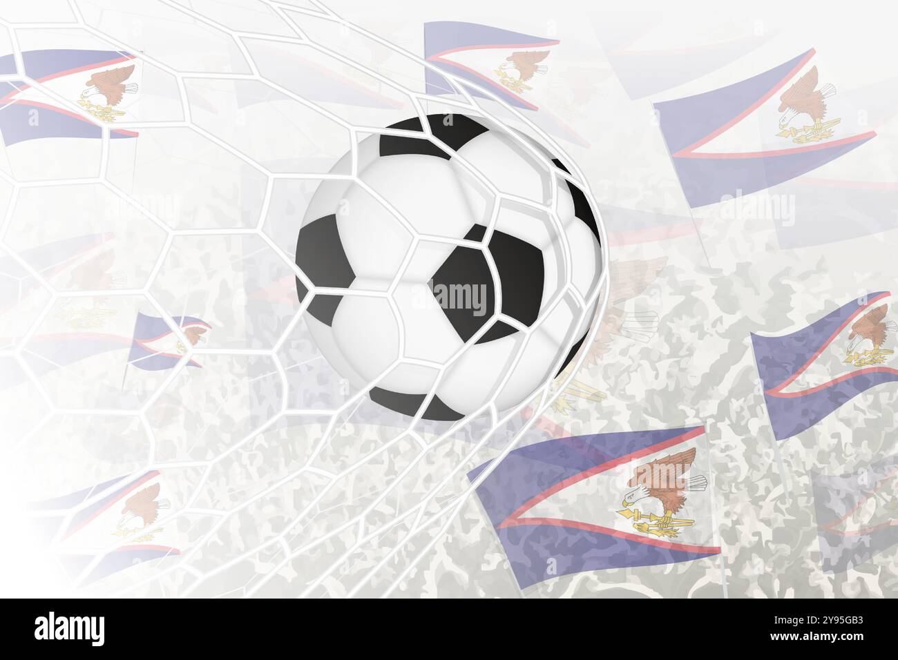 National Football team of American Samoa scored goal. Ball in goal net, while football supporters are waving the American Samoa flag in the background Stock Vector