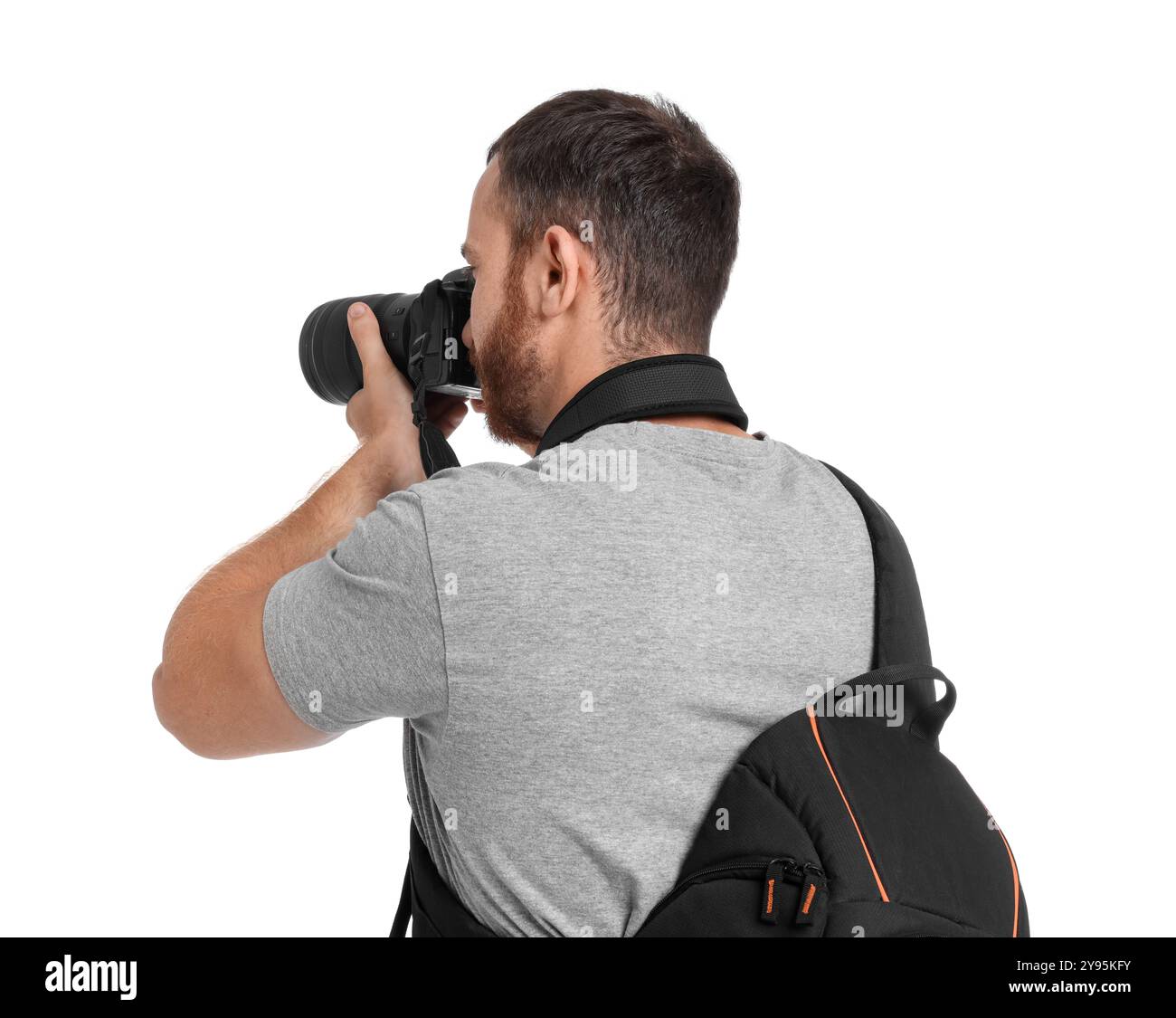 Photographer Back Photographer with backpack and camera taking picture on white ...