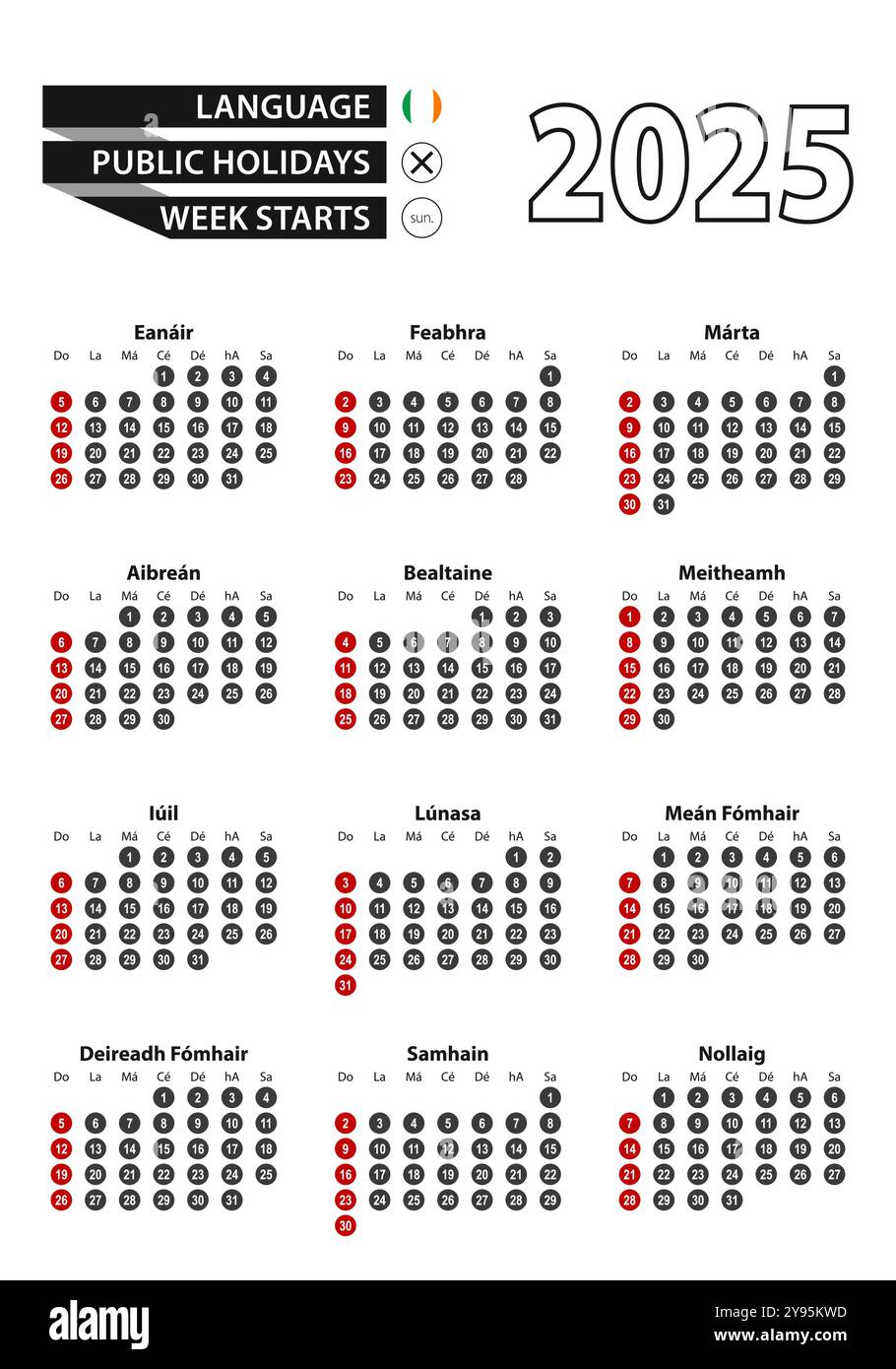 Irish calendar 2025 with numbers in circles, week starts on Sunday. 2025 with flag of Ireland