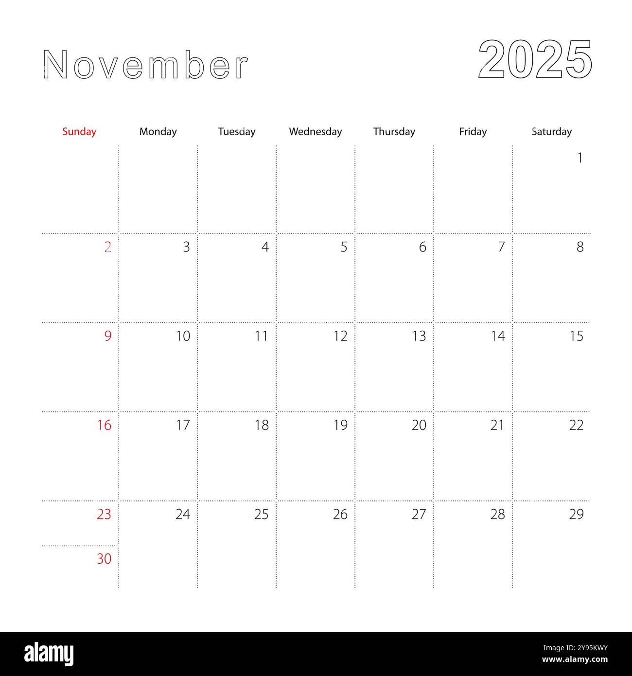 simple-wall-calendar-for-november-2025-with-dotted-lines-the-calendar-is-in-english-week-start-from-sunday-vector-template-stock-vector-image-art-alamy