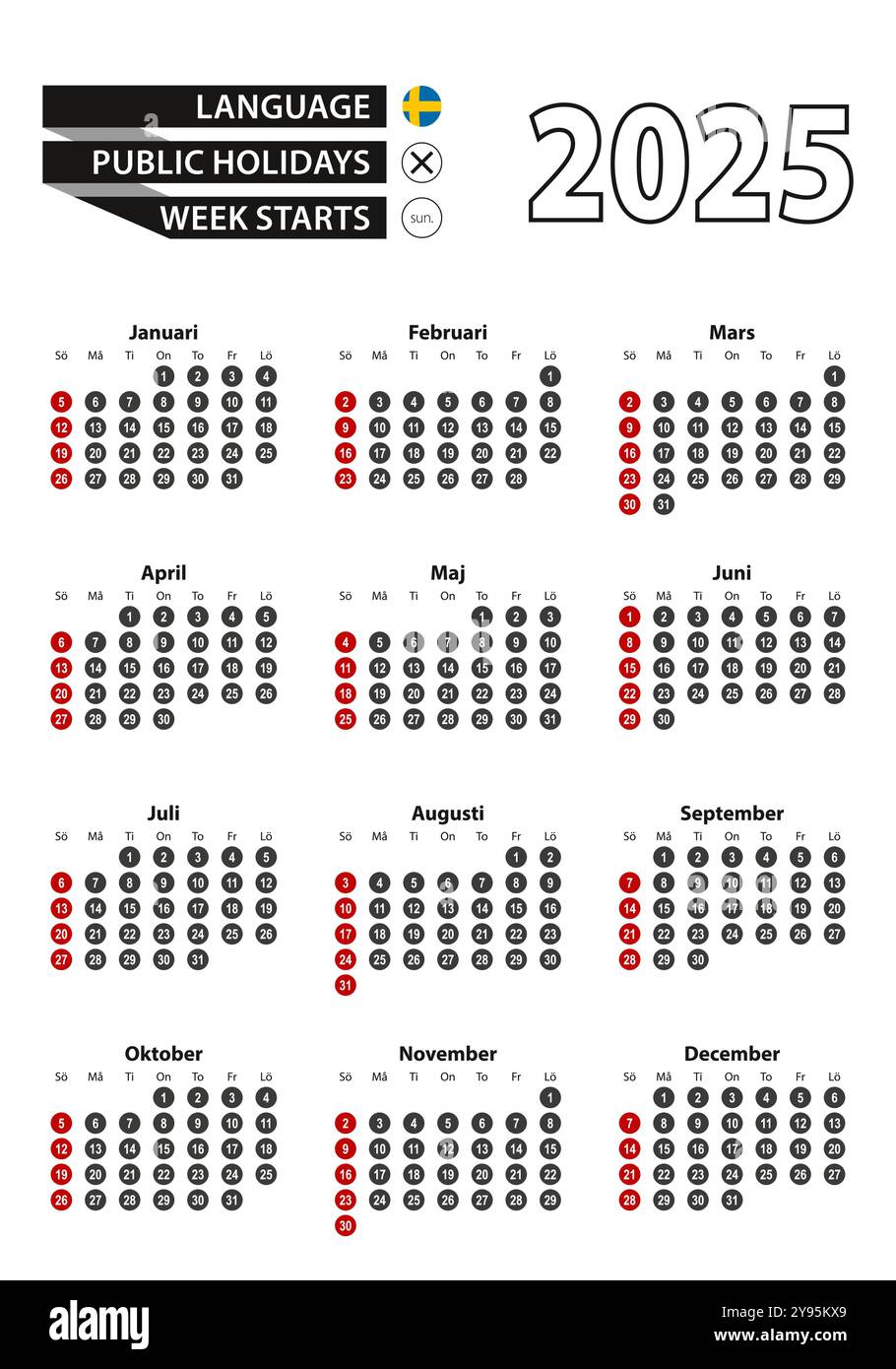 Swedish calendar 2025 with numbers in circles, week starts on Sunday