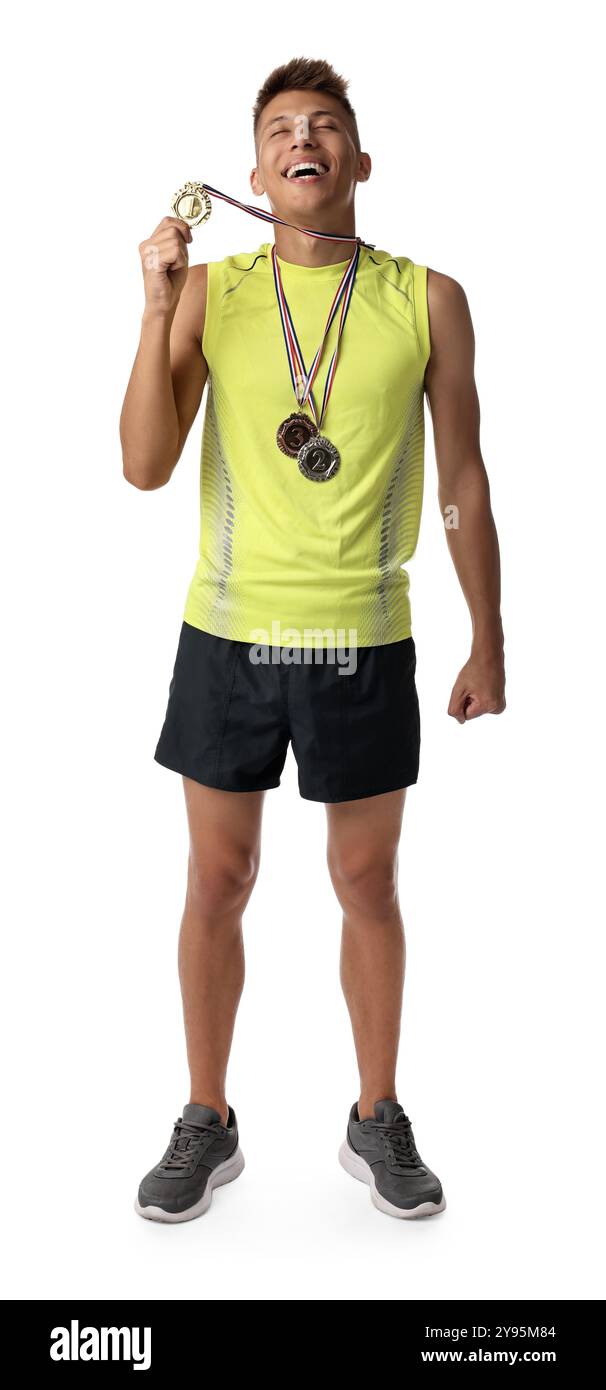 Happy winner with different medals on white background Stock Photo - Alamy