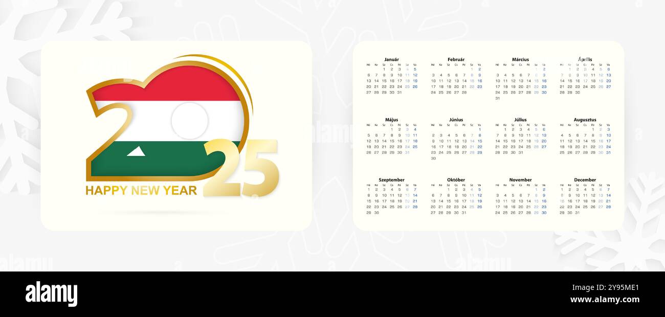 Horizontal Pocket Calendar 2025 in Hungarian language. New Year 2025
