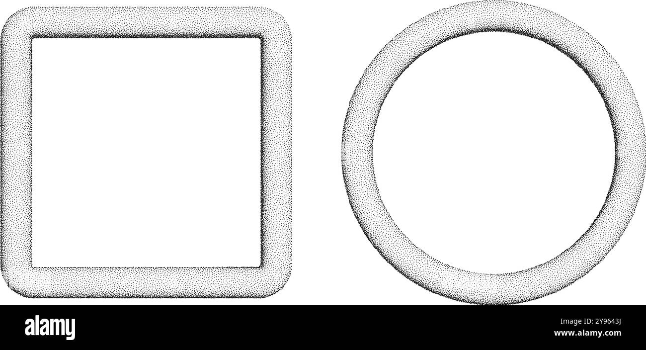 3d halftone frames, square and circle stipple forms, black splatter shapes isolated on white. Stock Vector