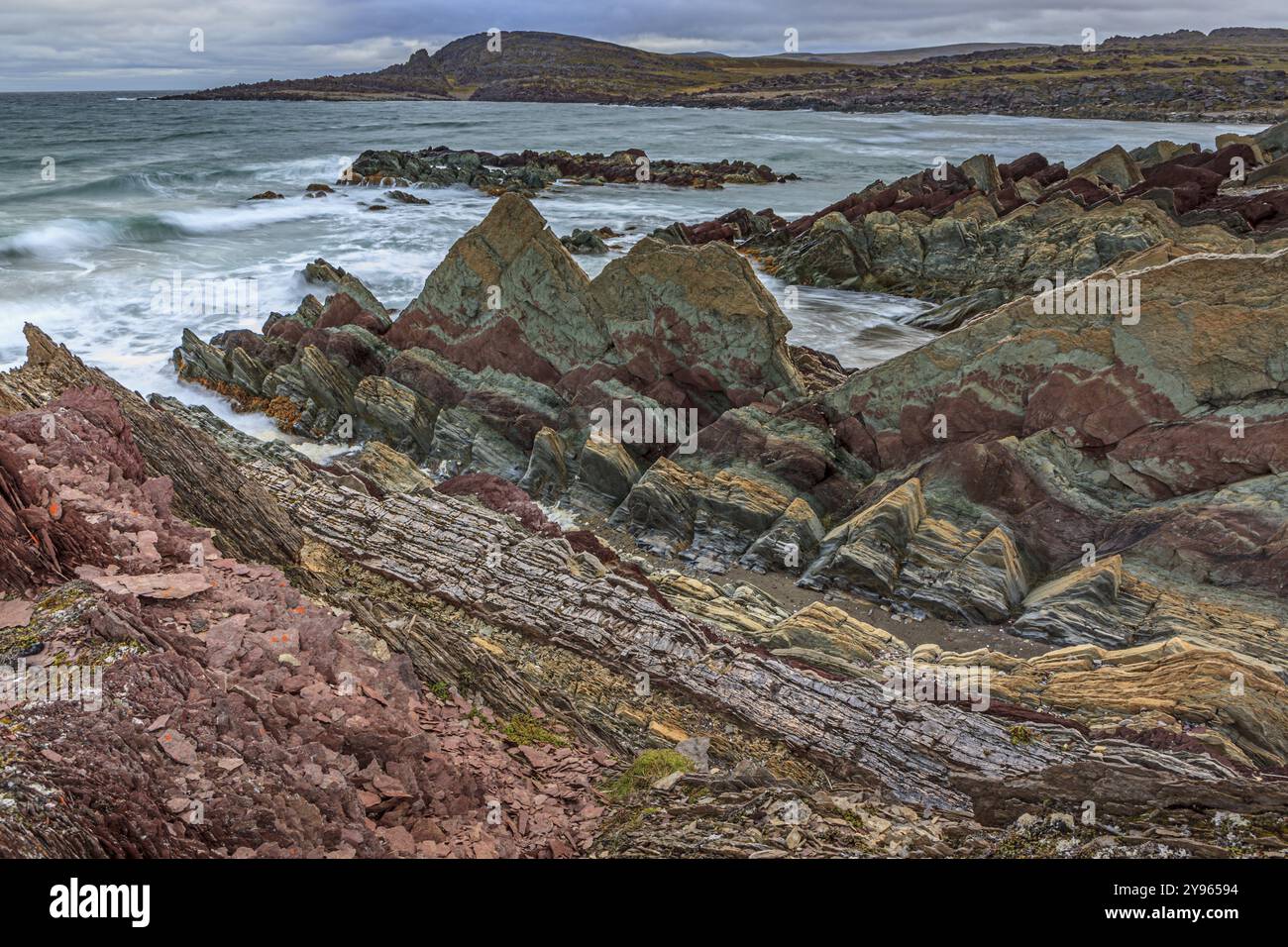 Colourful rocks, rock, coast, sea, waves, cloudy, Varanger Peninsula ...