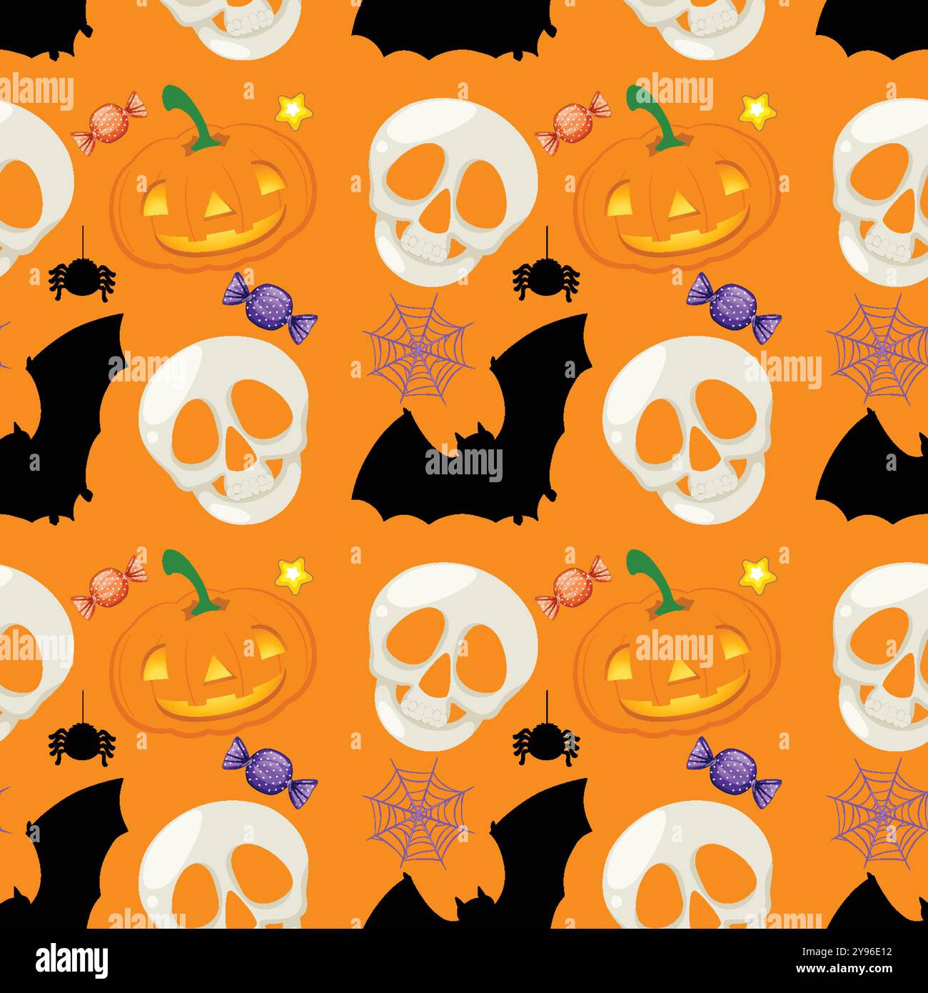Skulls, pumpkins, bats, and candy on orange background Stock Vector