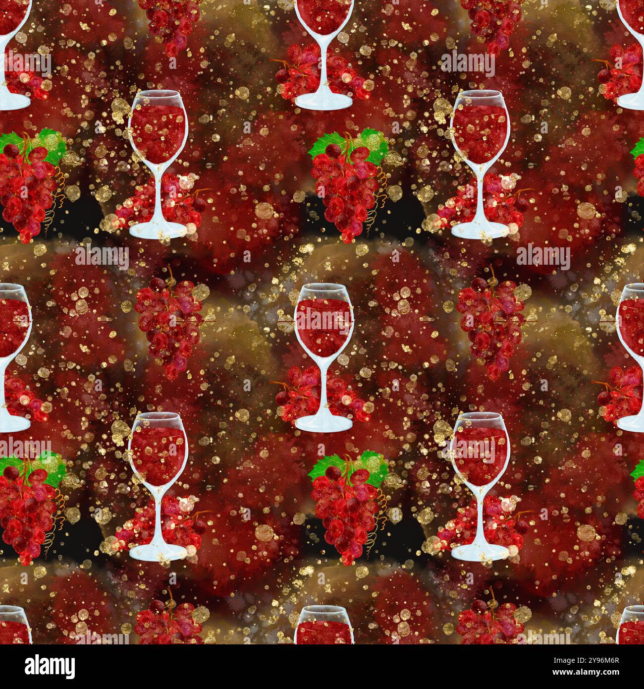 A vibrant pattern featuring wine glasses, grapes, and festive colors, perfect for wine-themed designs. Digital art in watercolor style, for printing o Stock Photo