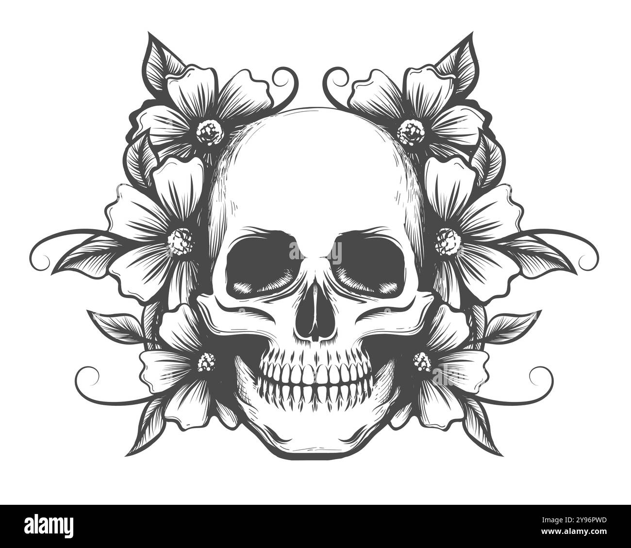 Skull and Flowers Black and White Tattoo Design isolated on White ...