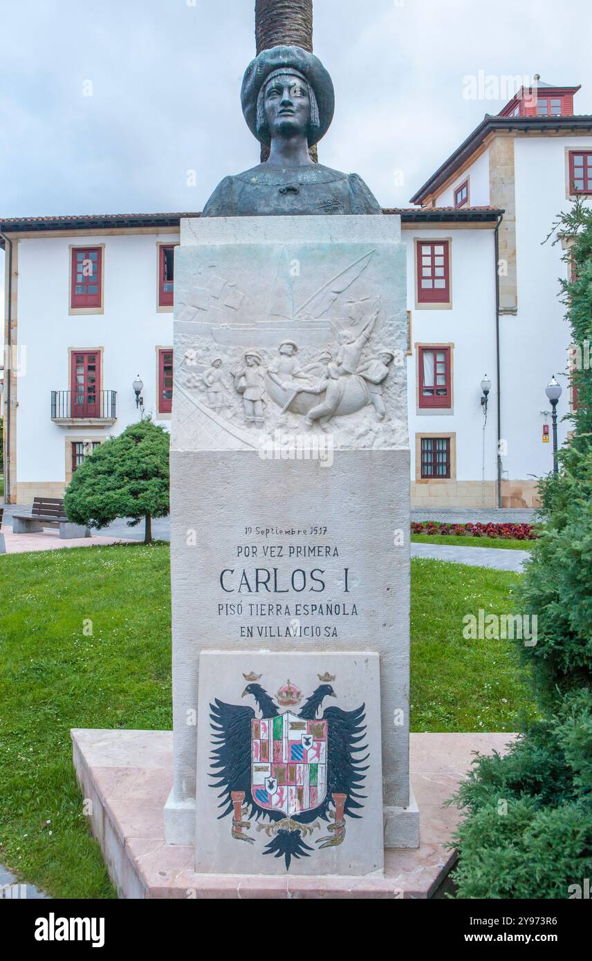 Villaviciosa, Spain- Jul 11th, 2024: Emperor Charles 1st Monument, Villaviciosa, Asturias. Sculpted by Francisco Gonzalez Macias, 1970 Stock Photo