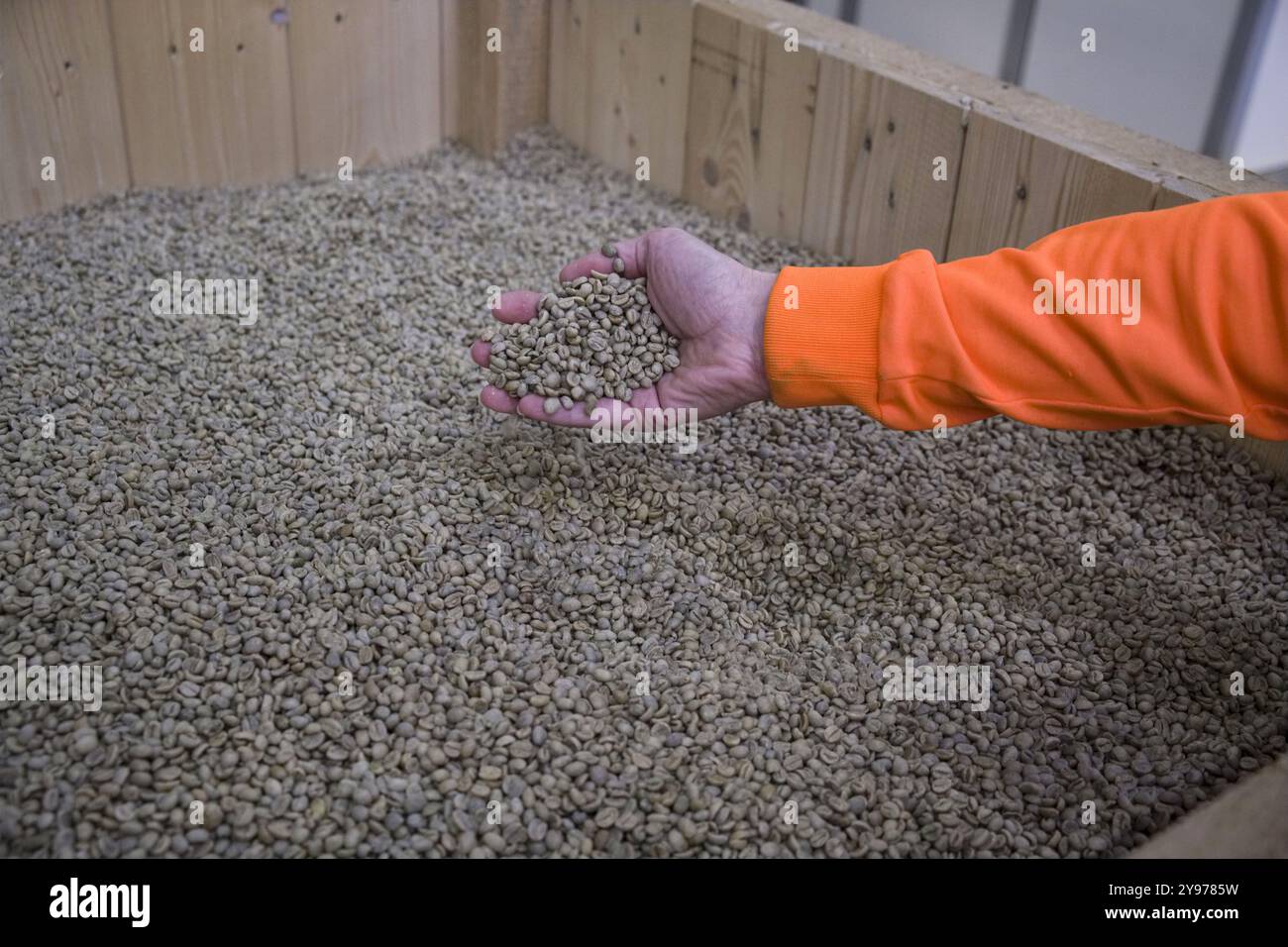 Dieppe, industrial park of Rouxmesnil-Bouteille (northern France): Nestlé factory where instant coffees Ricoré and Nescafé are made. Worker's hand and Stock Photo