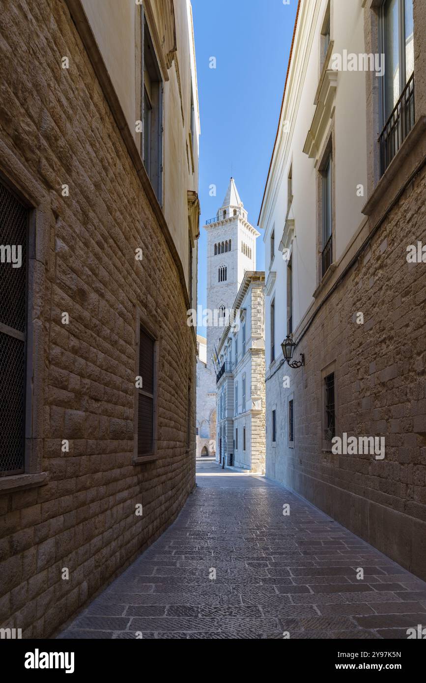 View of street in Trani old town with Cathedral of San Nicola Pelligrino in Trani, Italy, Apulia region Stock Photo