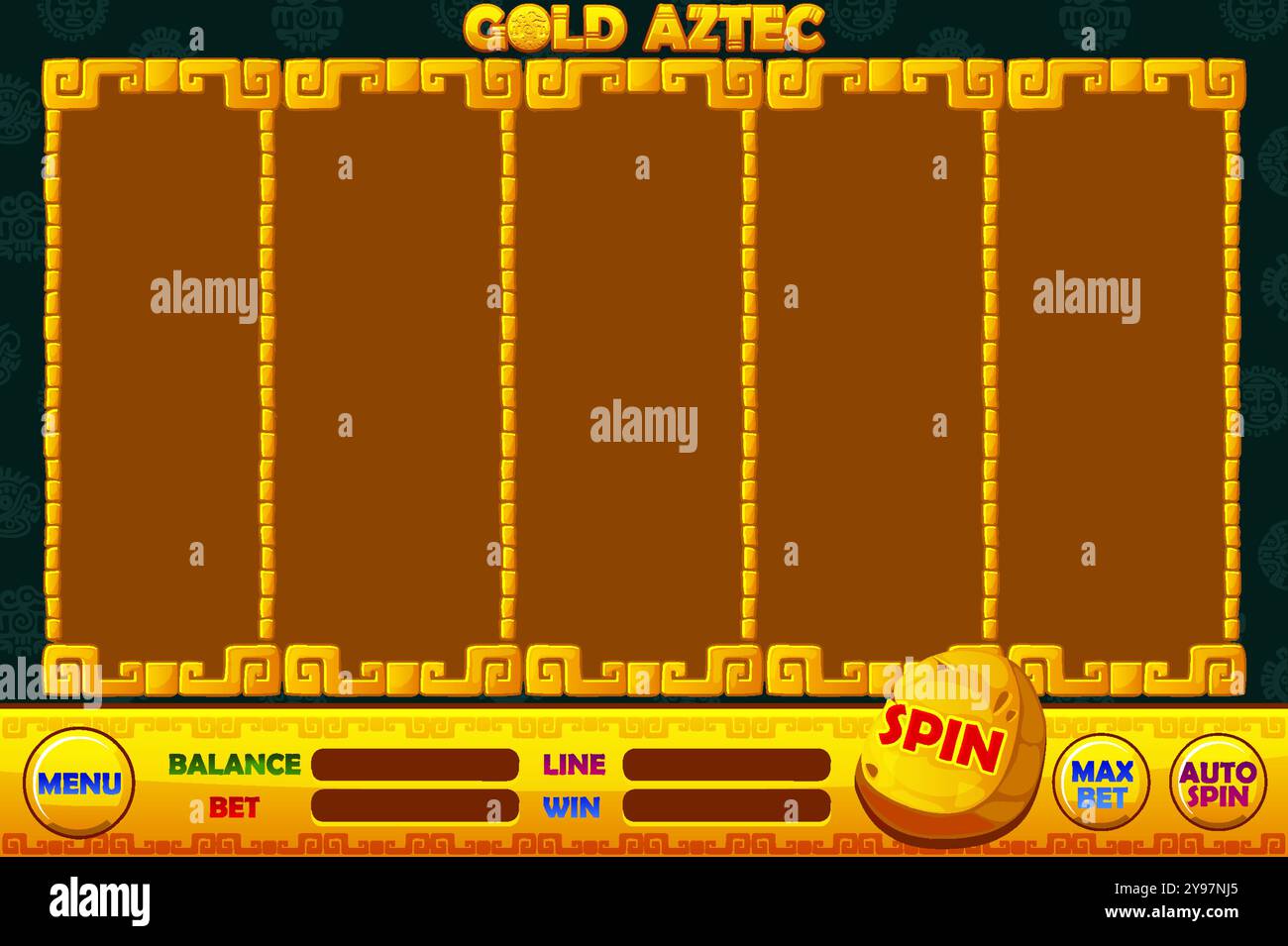 Casino slot machine game UI design, gambling mobile app concept for the Aztec themed Casino Game. The Golden game user interface with basic buttons Stock Vector