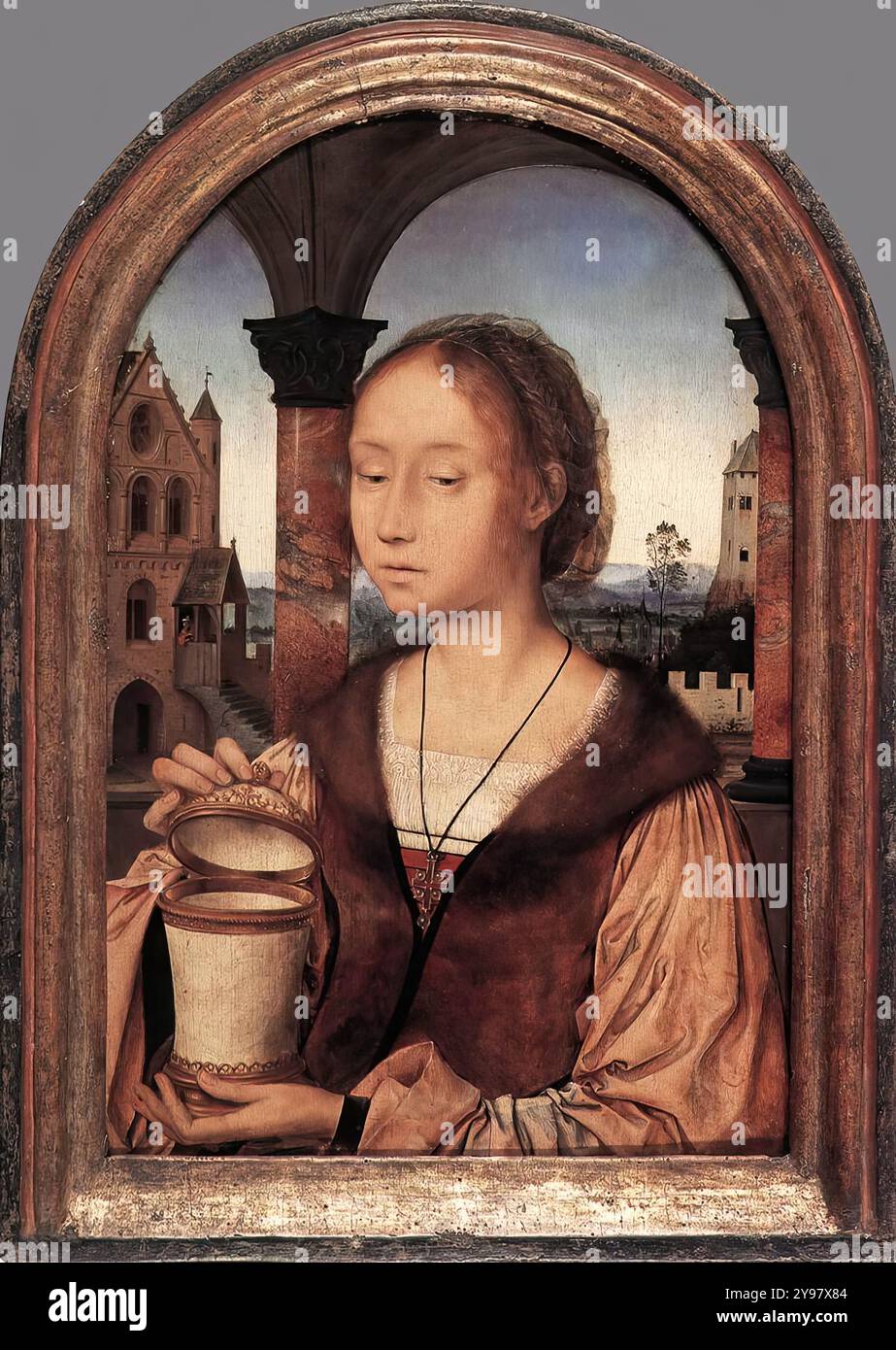 MASSYS, Quentin (b. 1465/66, Leuven, d. 1530, Antwerpen)    St Mary Magdalene  -  Oil on panel, 45 x 29 cm  Koninklijk Museum voor Schone Kunsten, Antwerp    Quentin Massys was the first major artist of the rising Antwerp school in the 16th century. In his refined Saint Mary Magdalene, the artist conveys his ideal of feminine beauty in masterly fashion.              --- Keywords: --------------    Author: MASSYS, Quentin  Title: St Mary Magdalene  Time-line: 1451-1500  School: Flemish  Form: painting  Type: religious Stock Photo