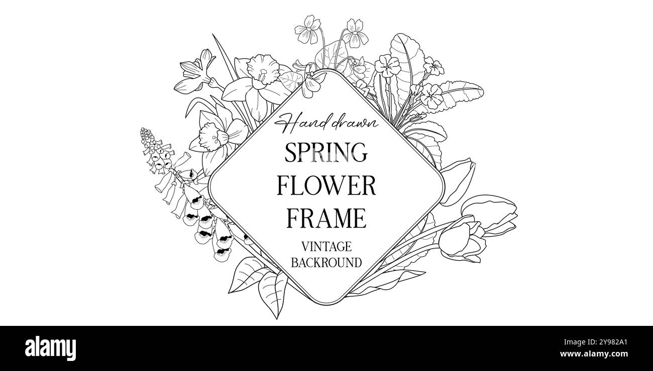 Hand drawn spring botanical frame with flowers. Vector illustration in ...