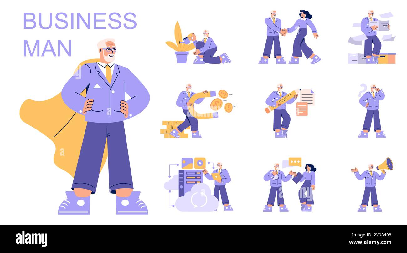 Businessman concept set. Diverse activities from financial success to ...