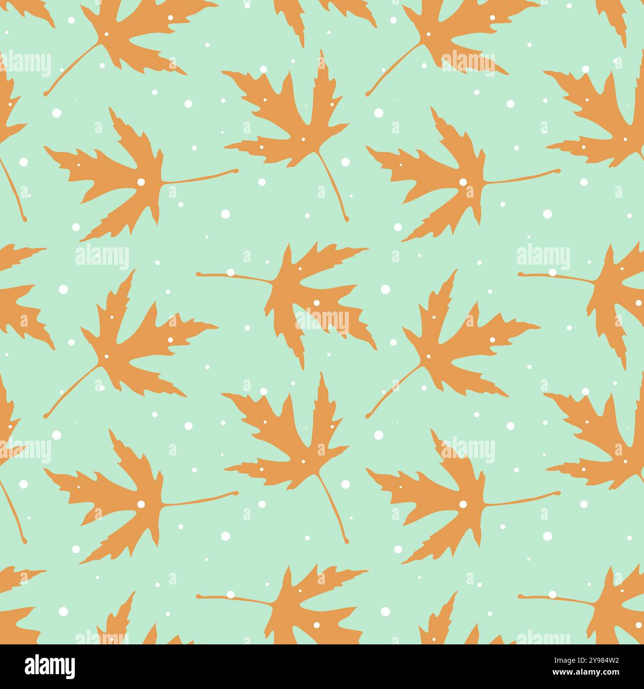 Snowflakes and oak gold leaves pattern on mint green background. Vector illustration Stock Vector