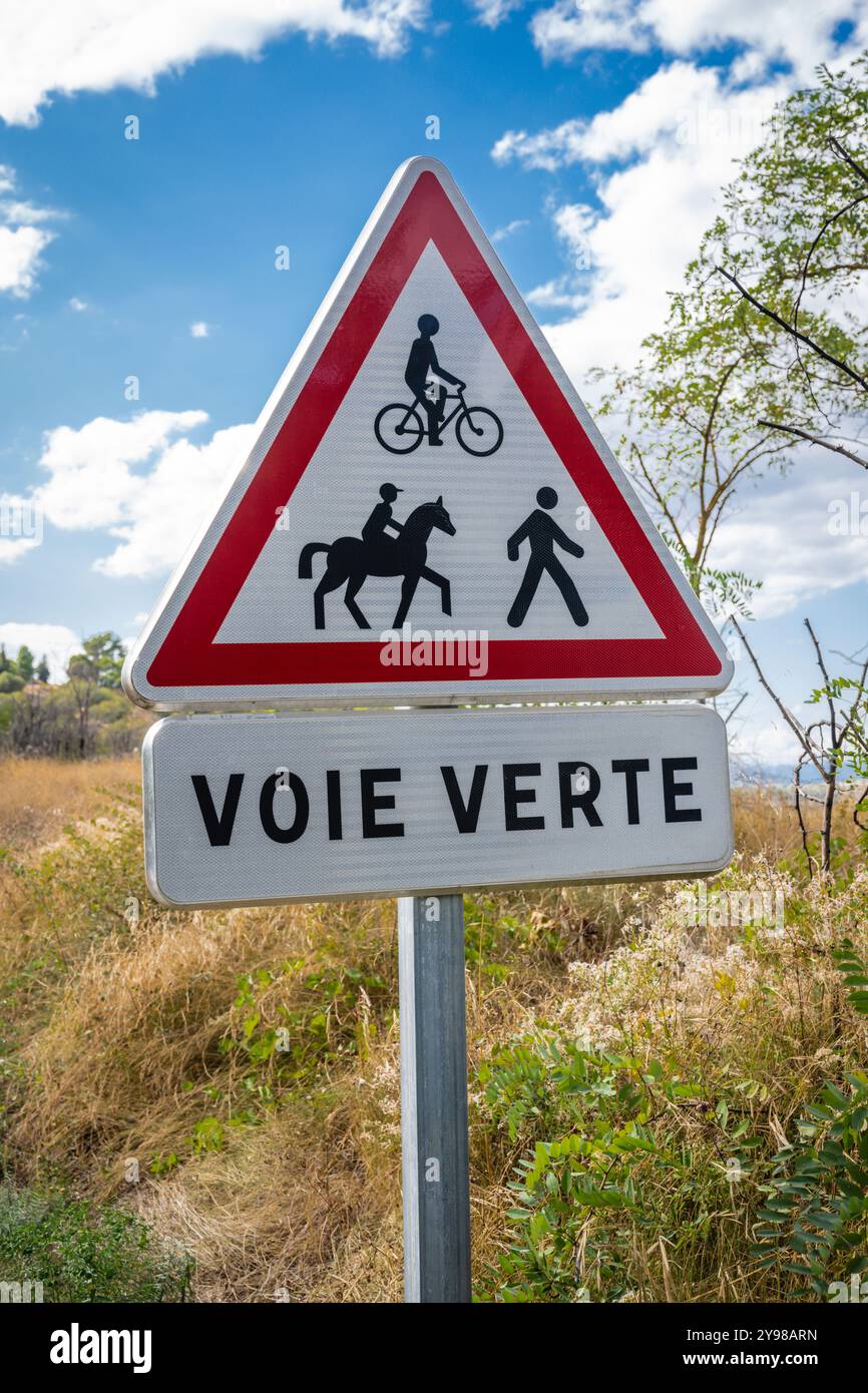 Acceptable forms of use on the Sarlat Voie Verte bike path from Sarlat to Cazoulès , France Stock Photo