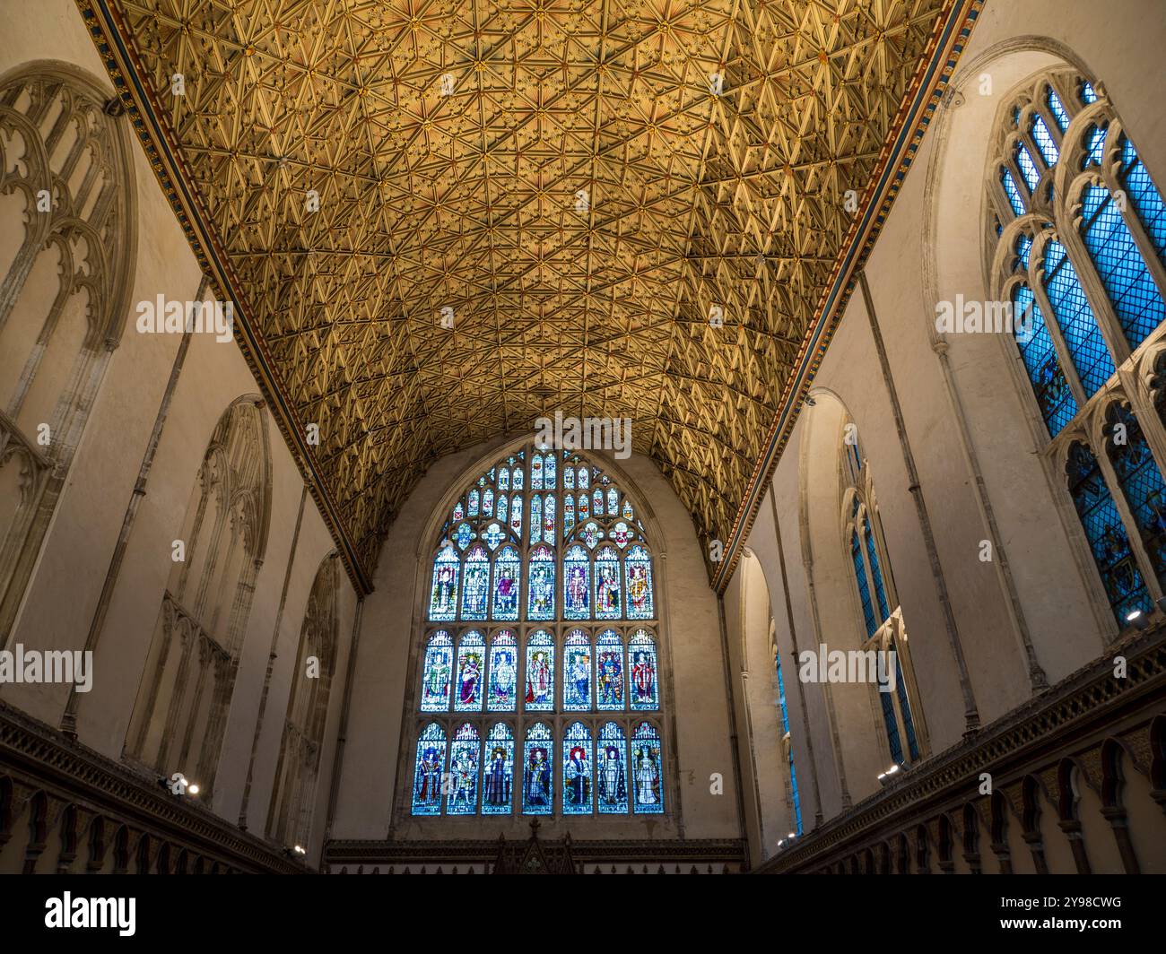 Chapter House, with Stained Glass Windows, and Roof Carving, Canterbury Cathedral, Canterbury, Kent, England, UK, GB. Stock Photo