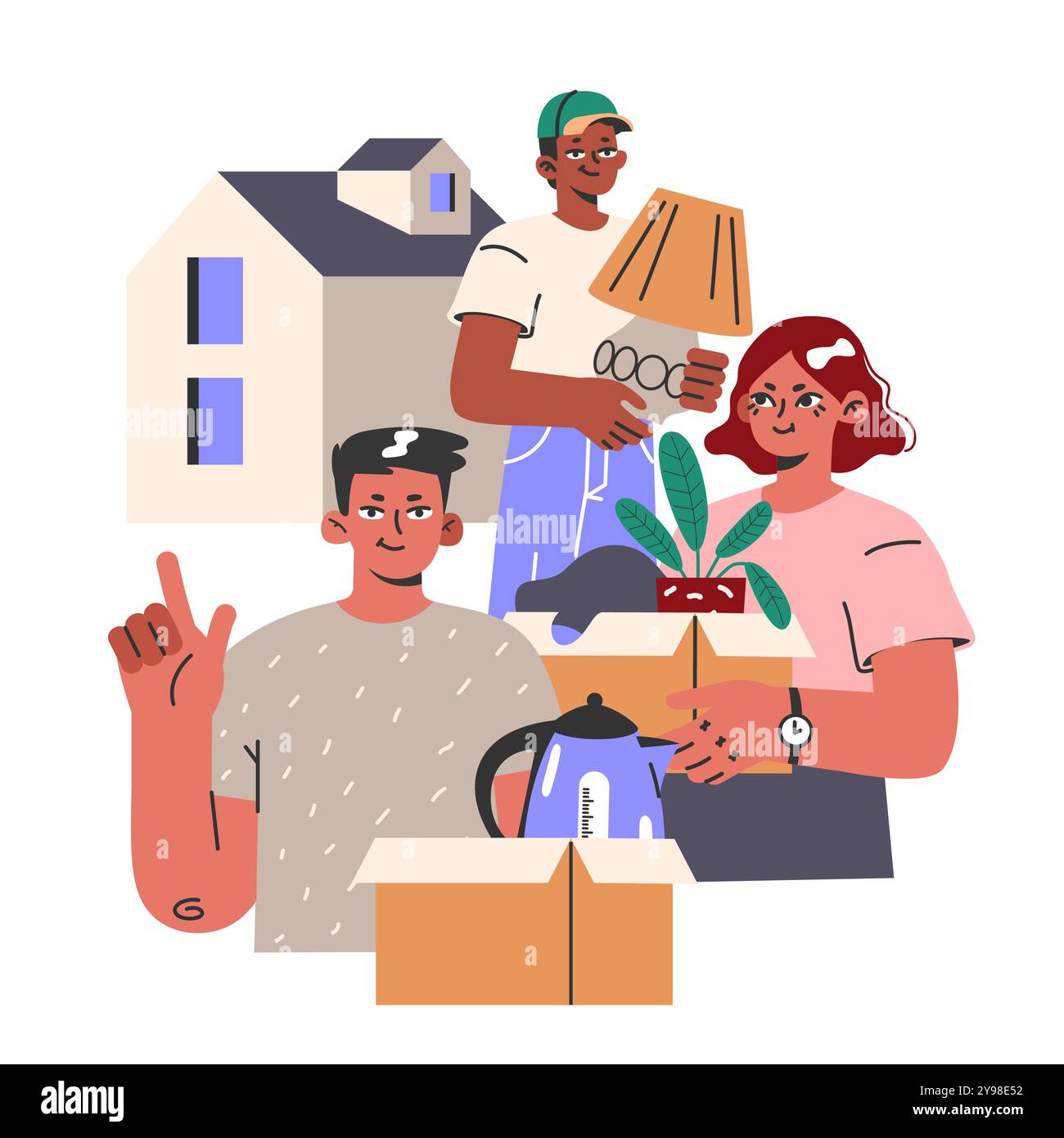 Happy characters moving into or out of house. People holding boxes with ...