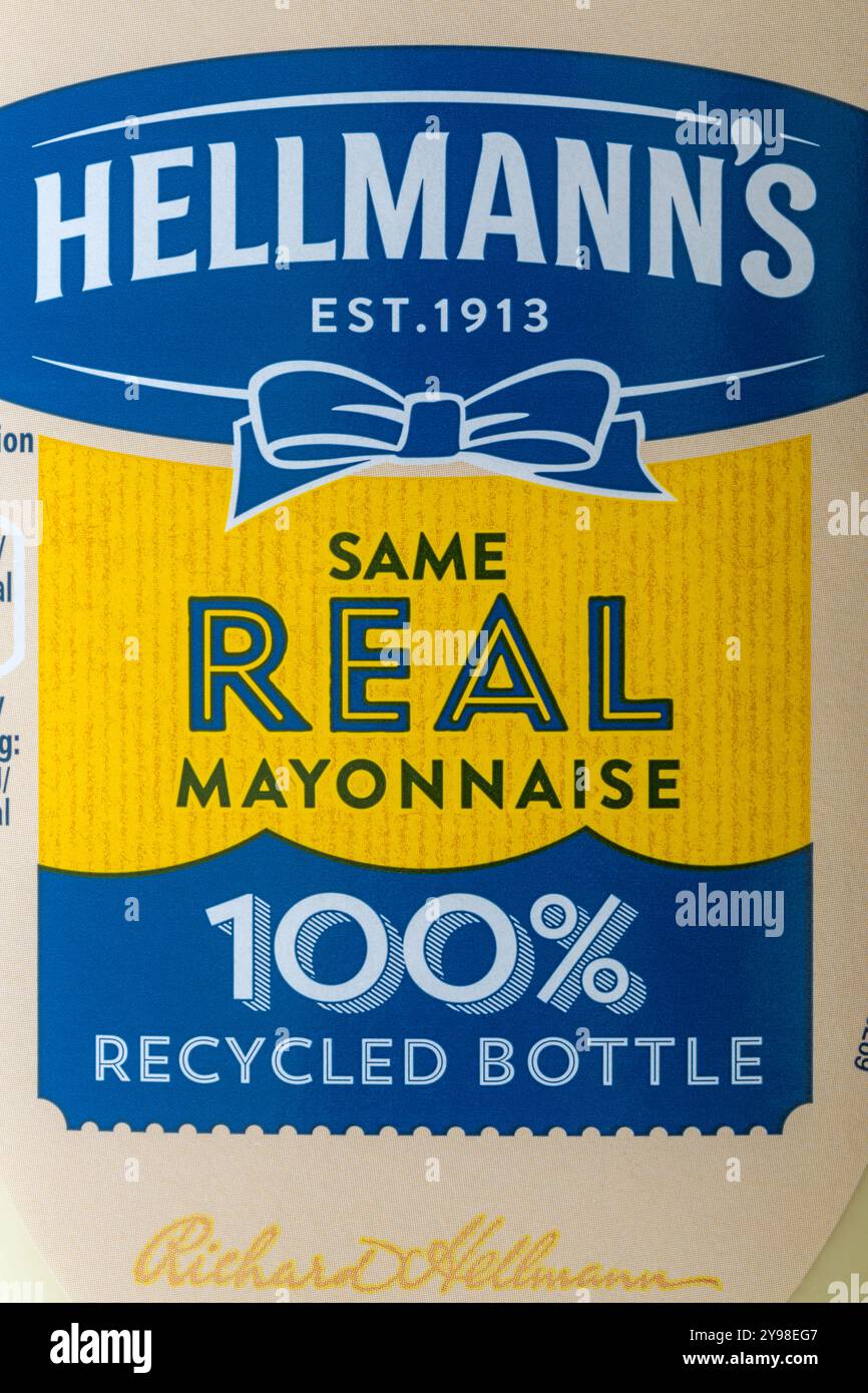 detail on bottle of Hellmann's same Real Mayonnaise in 100% recycled bottle Stock Photo