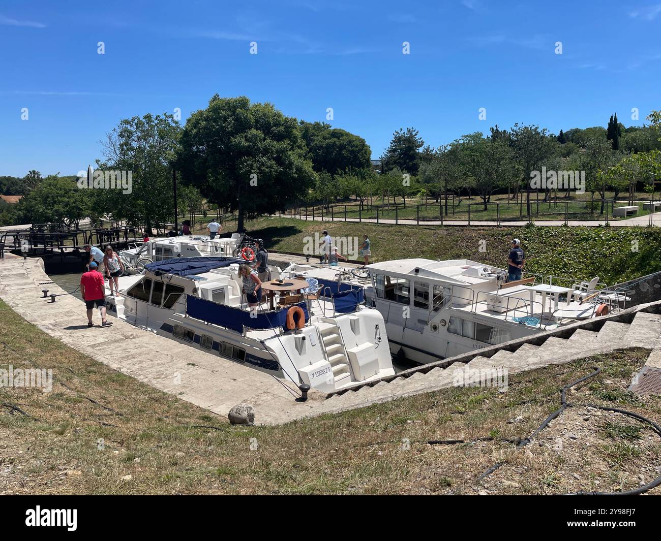 Les 9 Ecluses de Fonseranes (The 9 Locks of Fonseranes), Canal du Midi,  Beziers, Occitanie region, France. - Smartphone Captured Stock Image