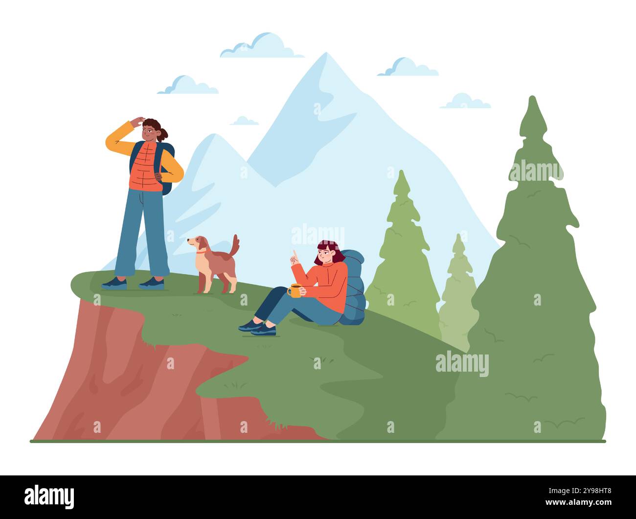 Outdoor camping and hiking. Characters with backpacks spending time in nature. Friends traveling outdoors together. Summer adventure in the woods and mountains. Flat vector illustration Stock Vector