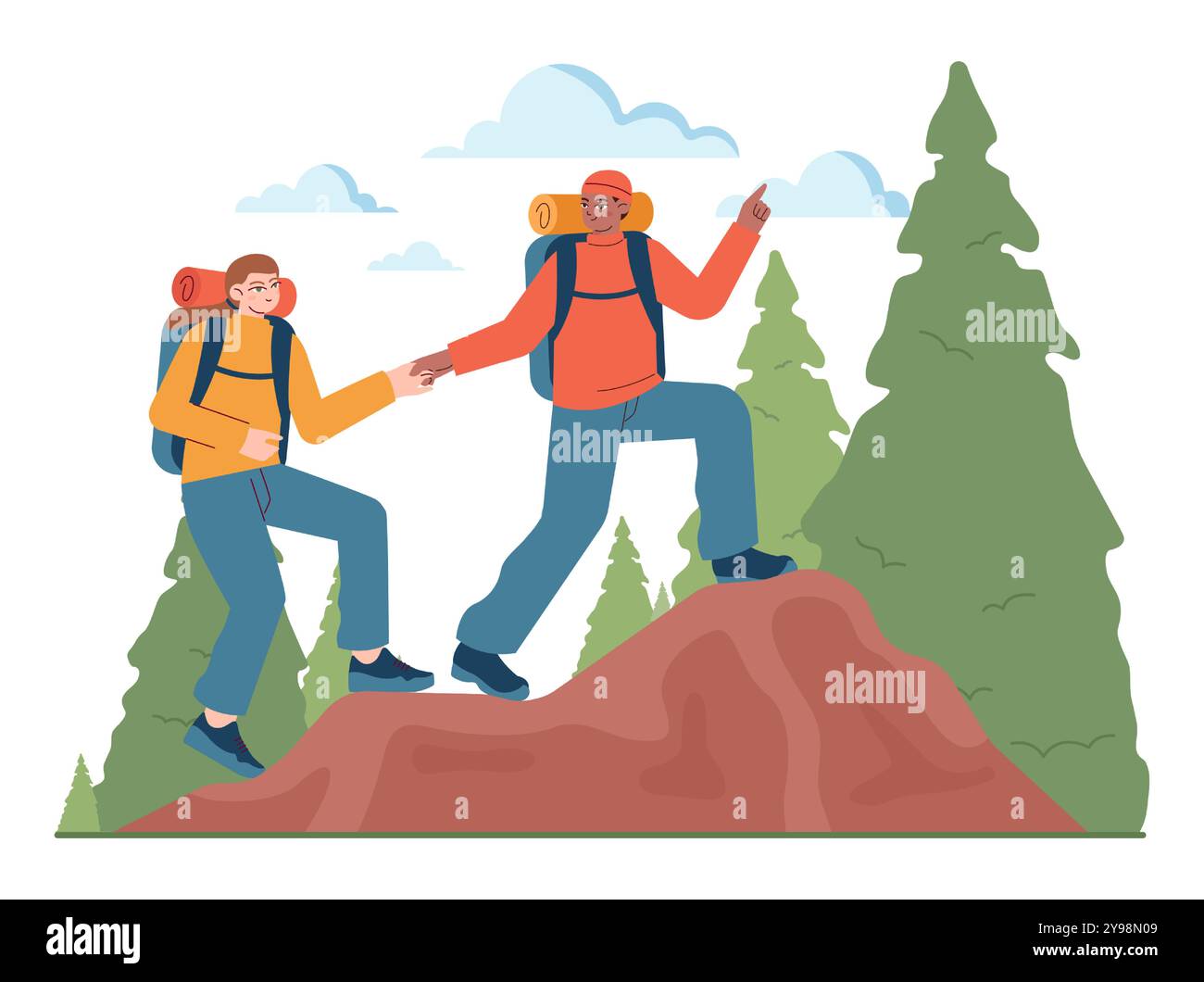 Outdoor camping and hiking. Characters with backpacks spending time in nature. Friends traveling outdoors together. Summer adventure in the woods and mountains. Flat vector illustration Stock Vector