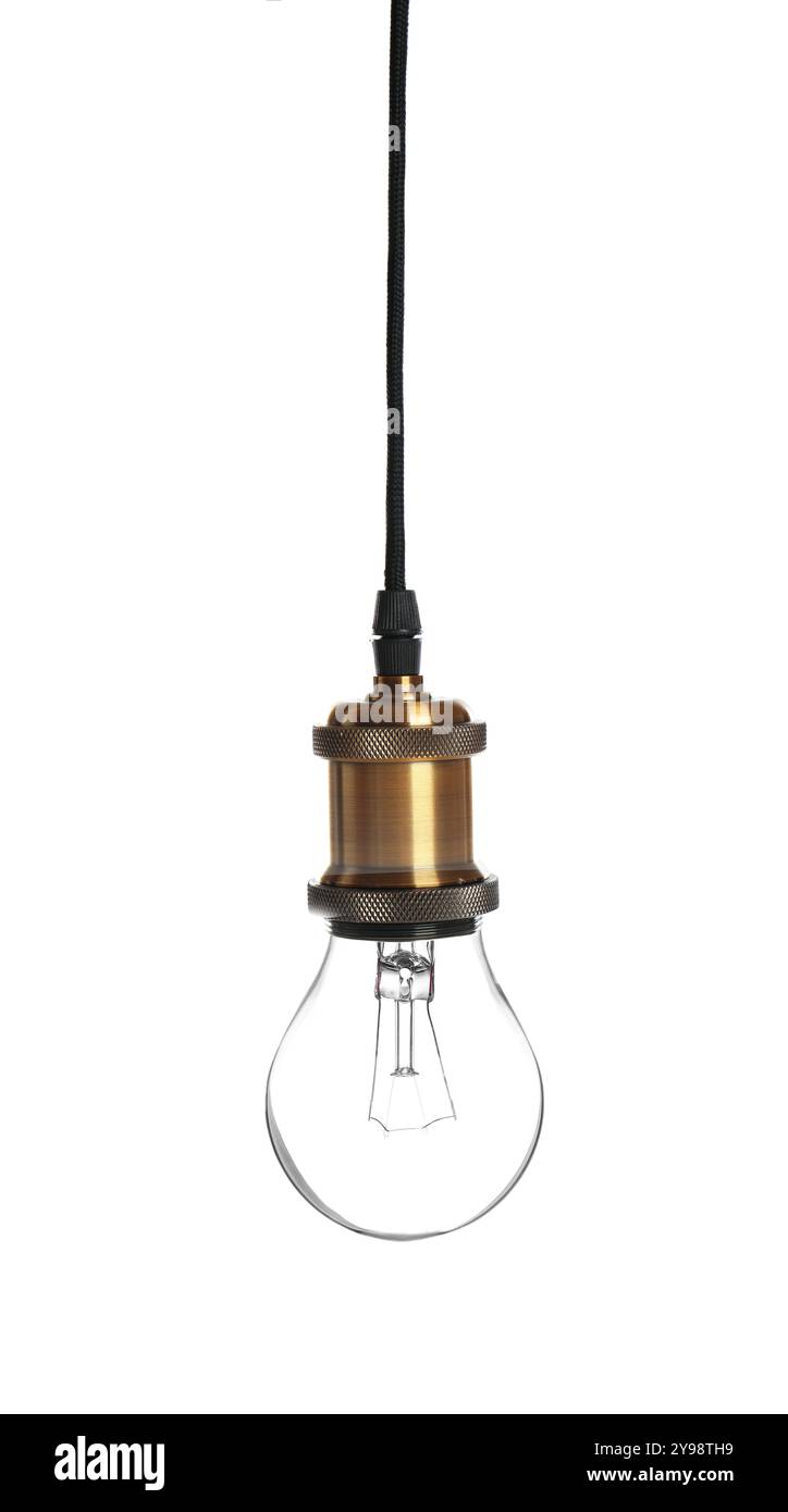 One light bulb hanging on white background Stock Photo - Alamy