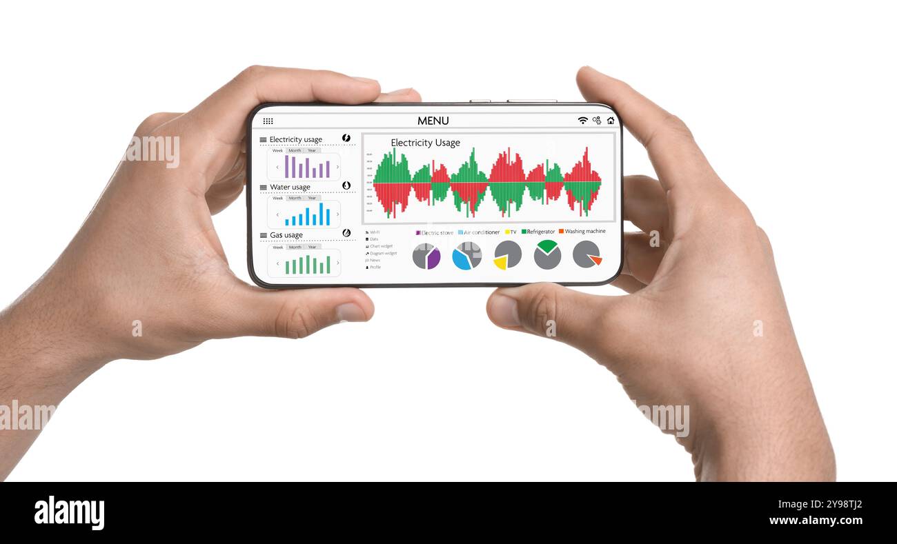 Man monitoring smart meter readings on mobile phone on white background ...