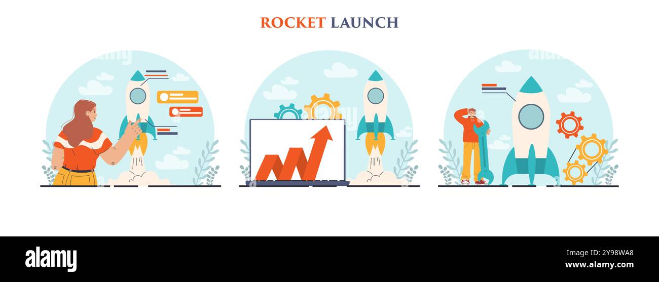 Rocket launch set. Business start up or successful project progress ...