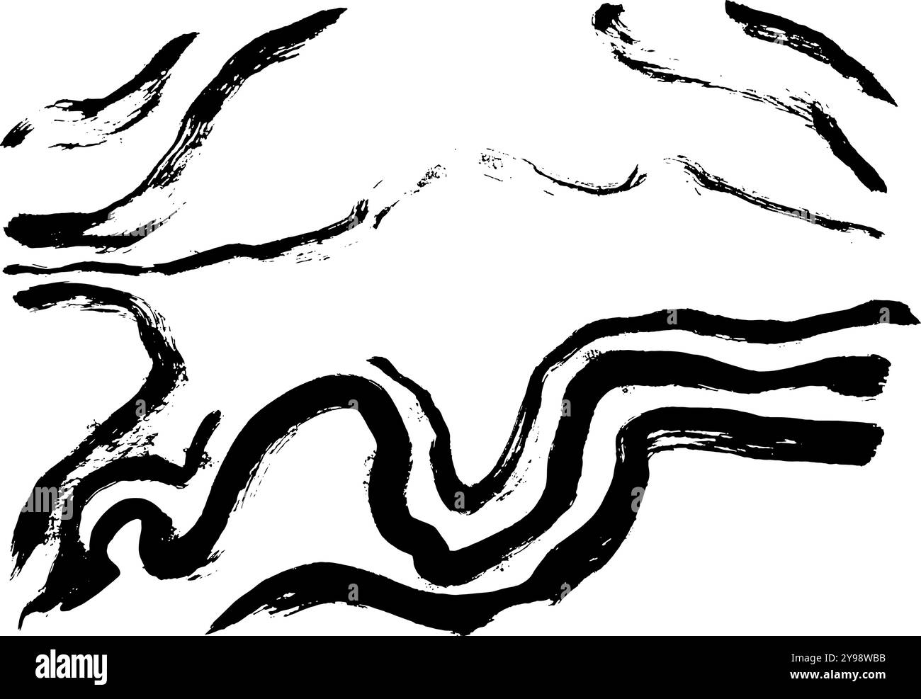 Black Ink Brush Wave Curved Strokes Texture. Stock Vector