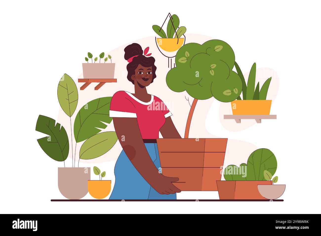 Character enjoy gardening. Woman planting and taking care of potted house plants. Modern agricultural hobby, urban farming. Flat vector illustration Stock Vector