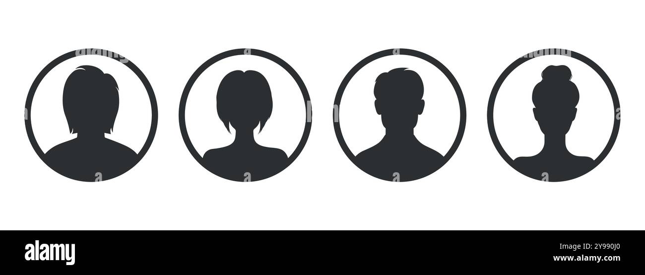 Men and women silhouettes set in round line frames. Abstract male and female avatars, people icons. Vector illustration Stock Vector
