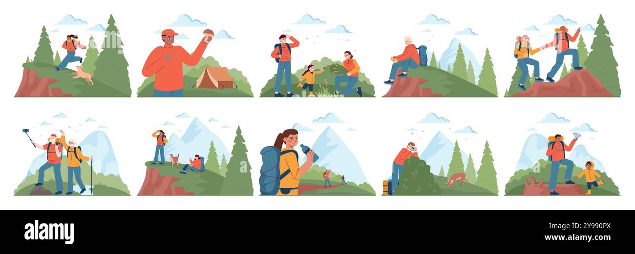Outdoor camping and hiking set. Character spending time in nature. Families and friends traveling outdoors. Summer adventure in the woods and mountains. Flat vector illustration Stock Vector