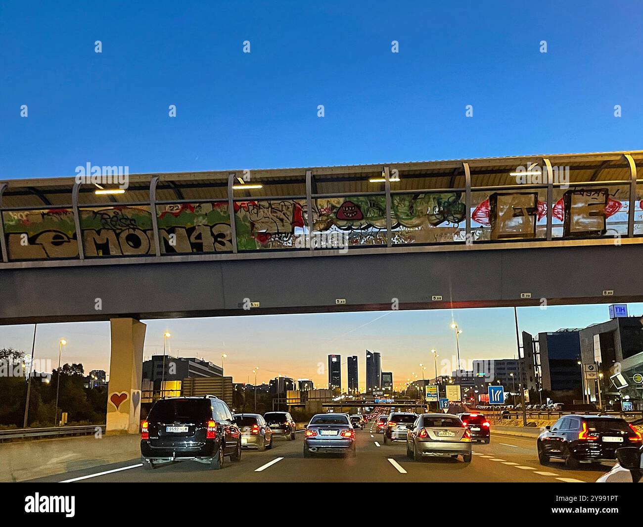 Footbridge over A-1 motorway, night view. Madrid, Spain. - Smartphone Captured Stock Image